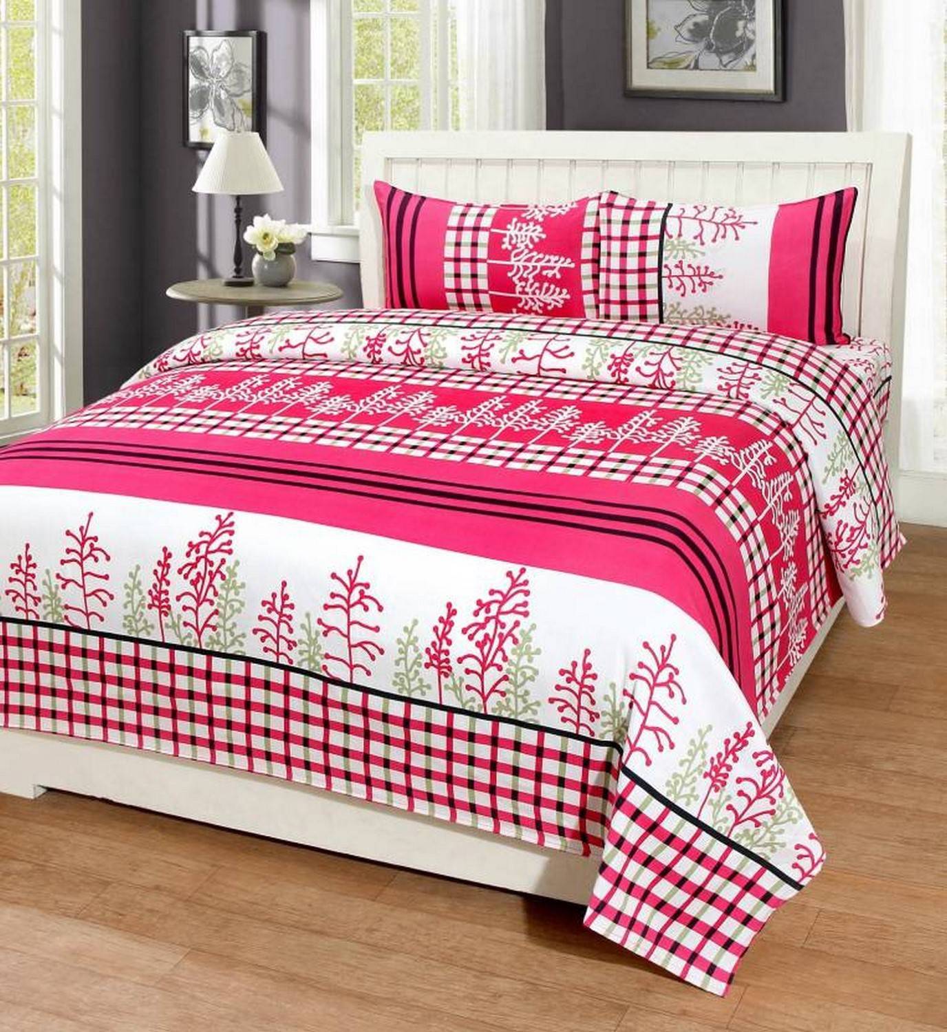 Ashu Decor Microfiber Double Flat 144 TC 3D Printed 1 Bedsheet with 2 Pillow Covers