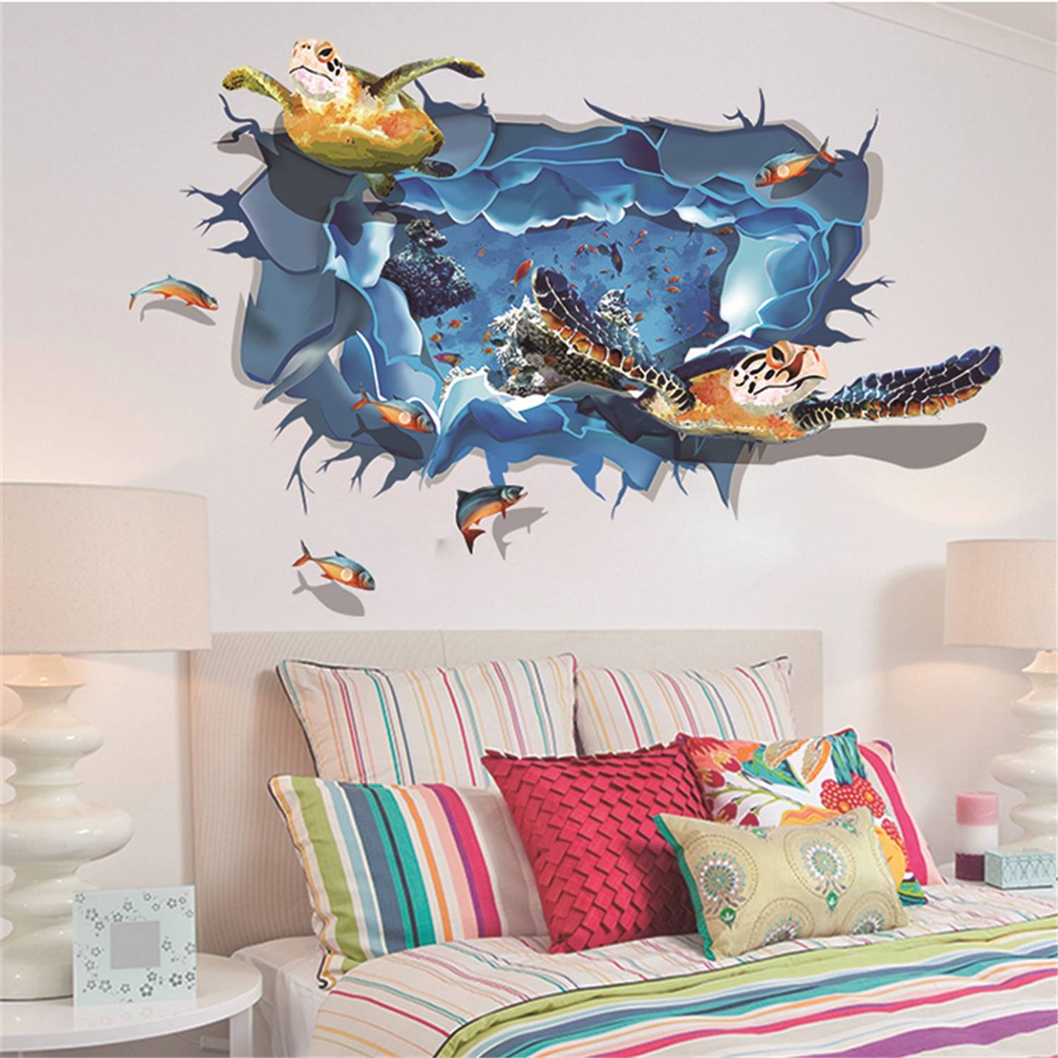 Ampire 110 cm Wall 3D Marine World with Tortoise and Fishes Home Decor for Kids Room Self Adhesive Sticker