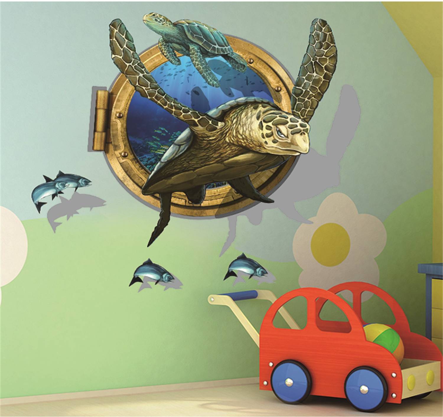 Ampire 83 cm Wall Stickers 3D Shark and Turtle Design and Decor for Living Room Self Adhesive Sticker