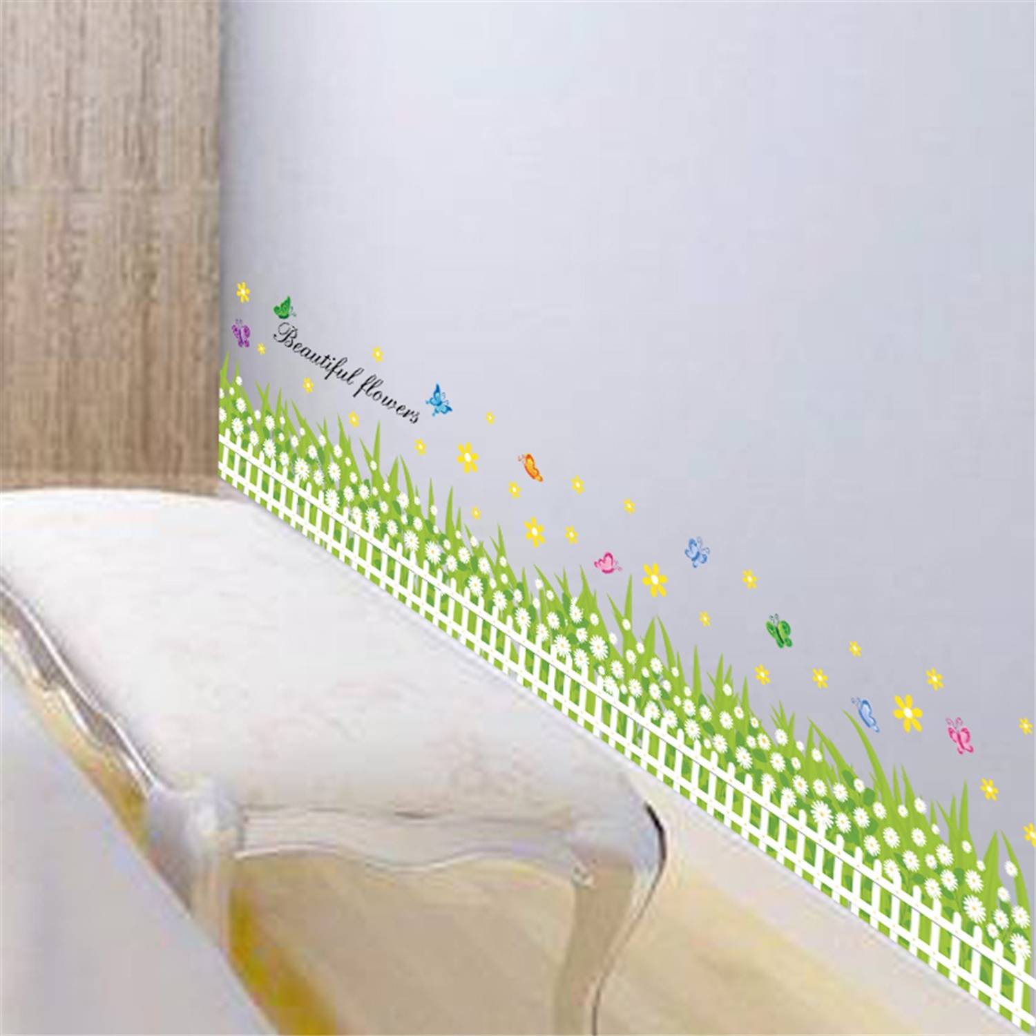 Ampire 140 cm Wall Stickers Pretty Flowers with Fence Skirting Border Design Self Adhesive Sticker