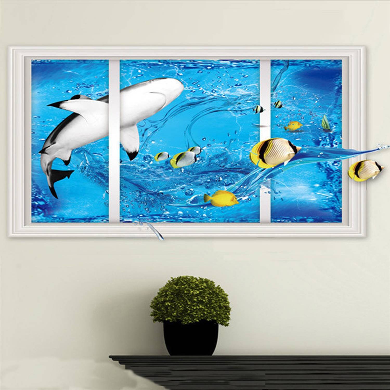 Ampire 90 cm Wall Stickers 3D Shark & Yellow Mist Fish caged Graphics Decor For Home Self Adhesive Sticker
