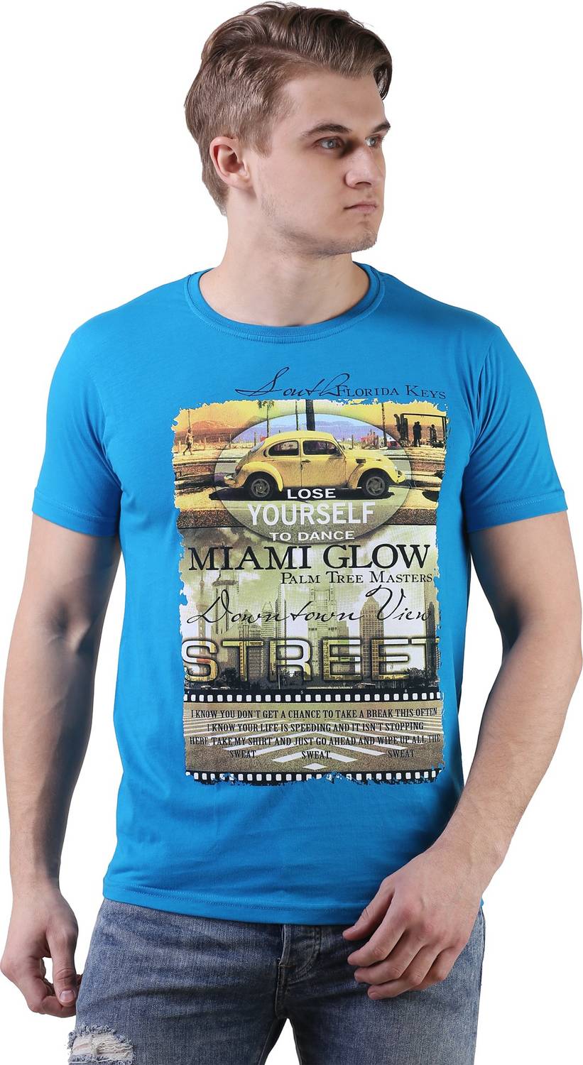 BRAVEZI Printed Men Round Neck Blue T-Shirt