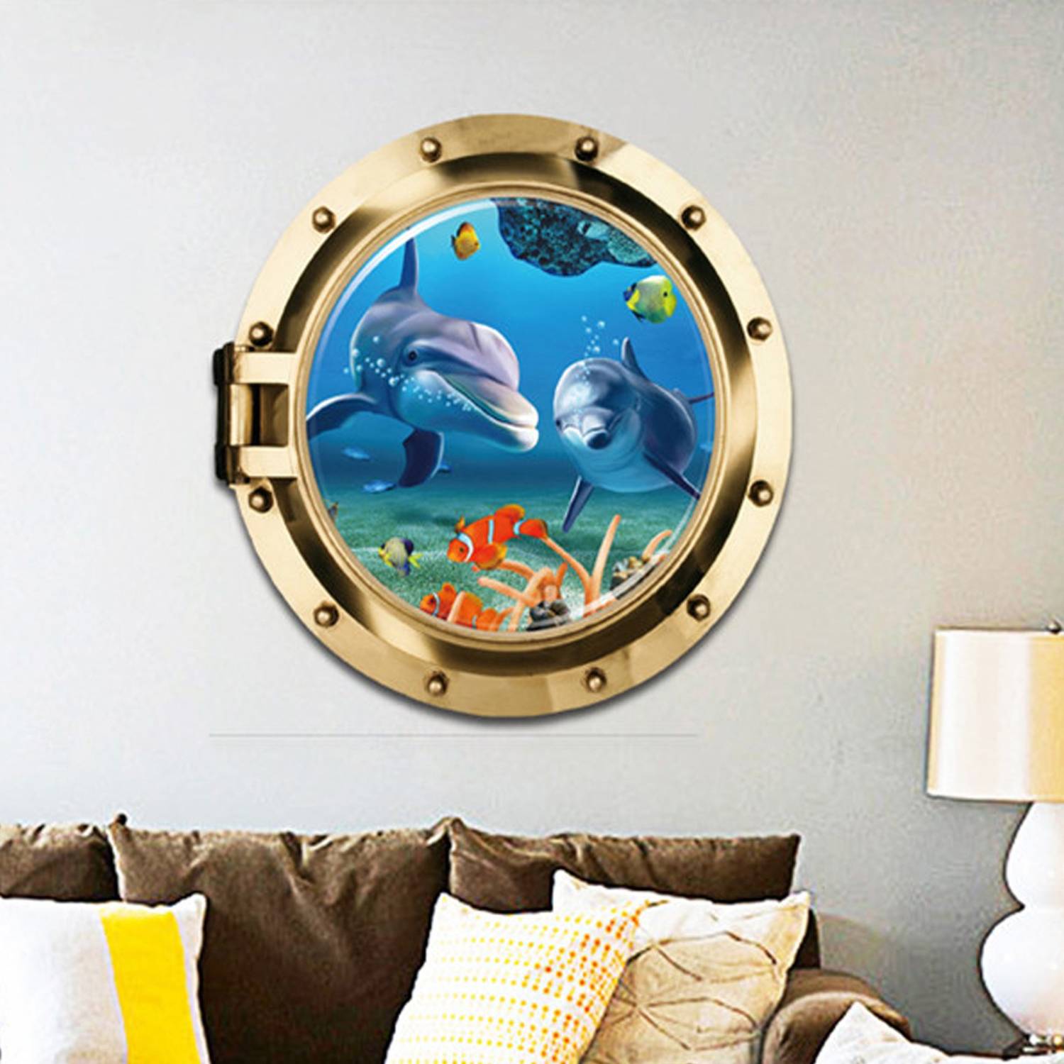 Ampire 50 cm Wall Stickers 3D Ship Window Under the Sea Dolphins View Self Adhesive Sticker