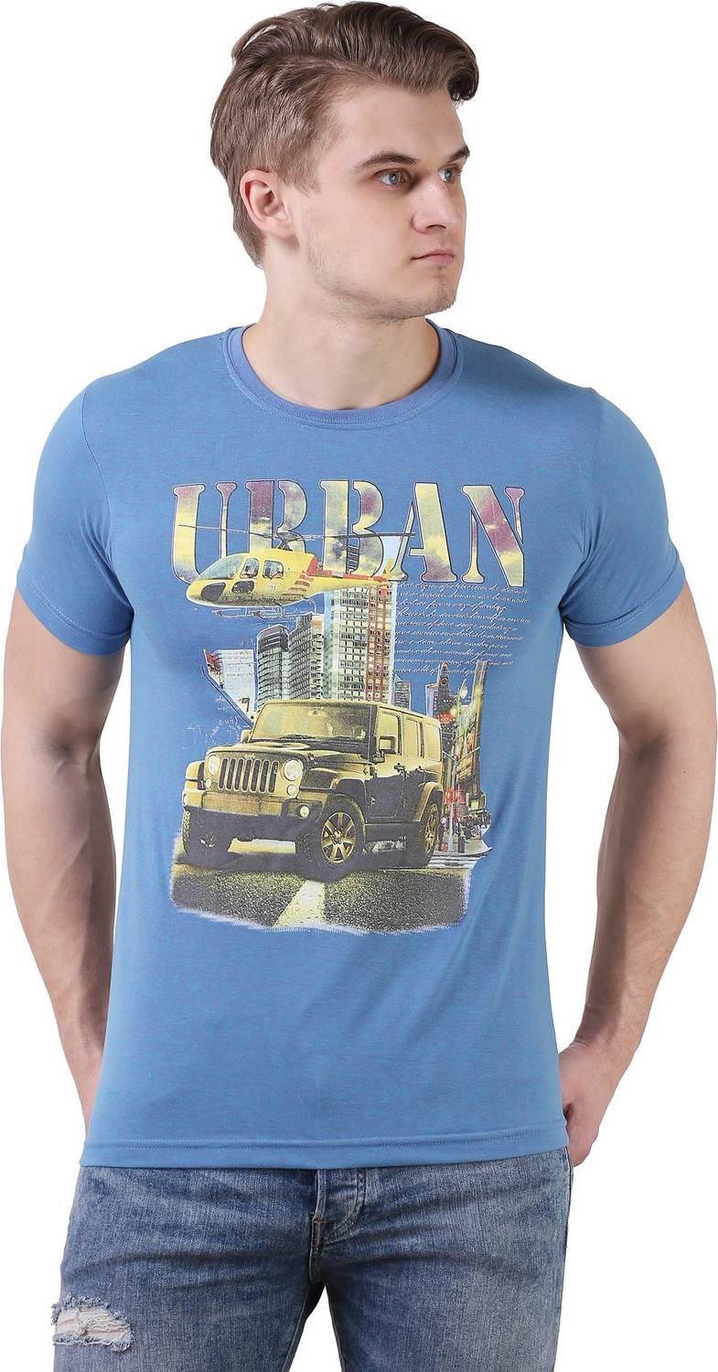BRAVEZI Printed Men Round Neck Light Blue T-Shirt