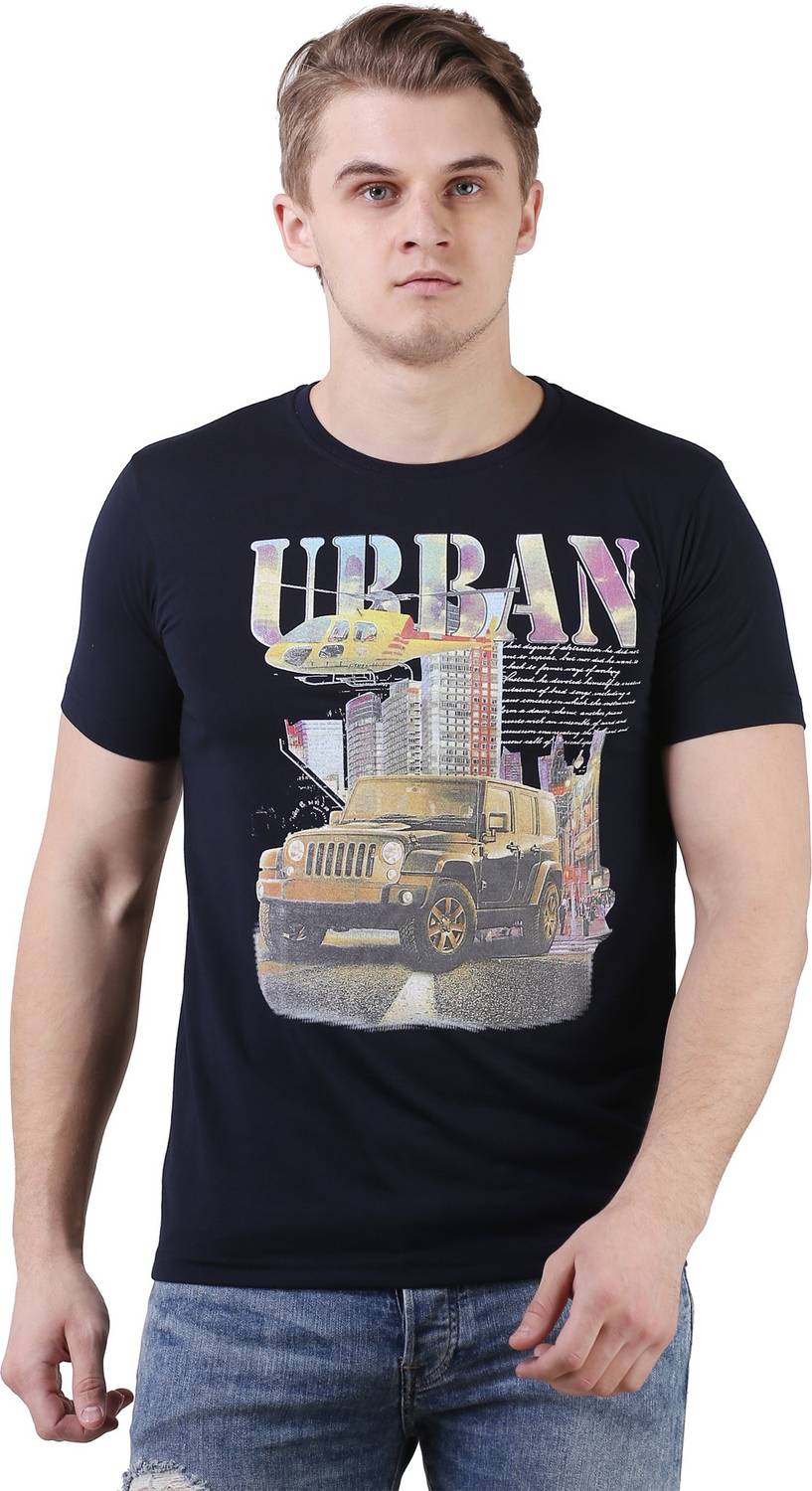 BRAVEZI Printed Men Round Neck Dark Blue T-Shirt