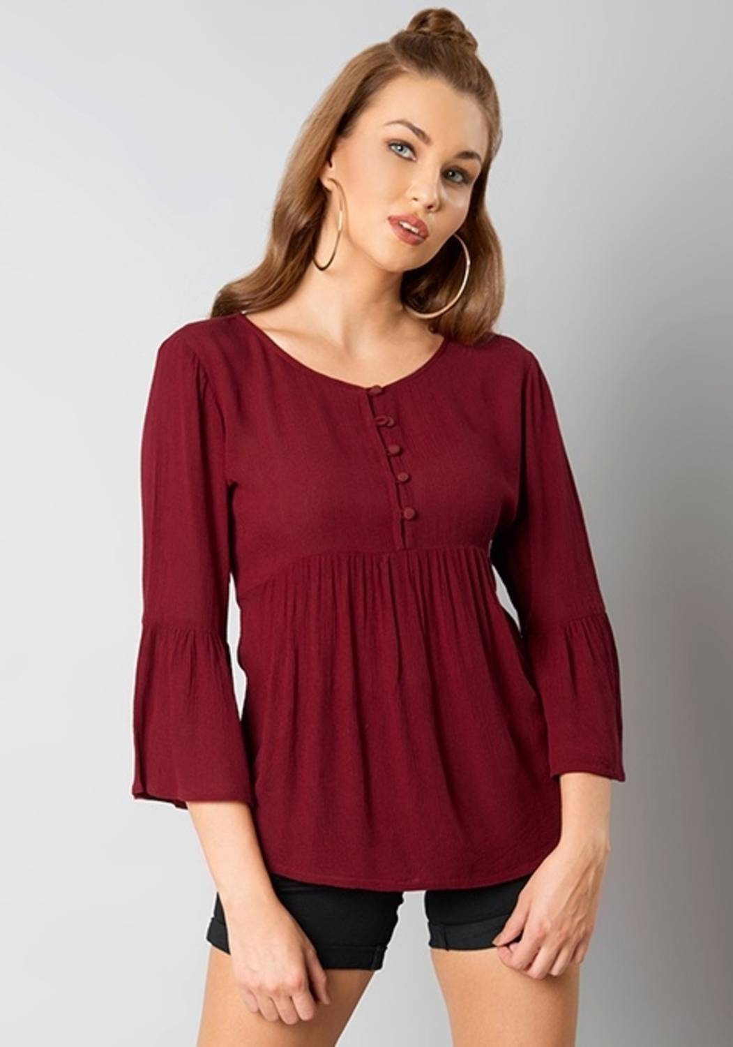 Beautylife Casual 3/4 Sleeve Printed Women Maroon Top