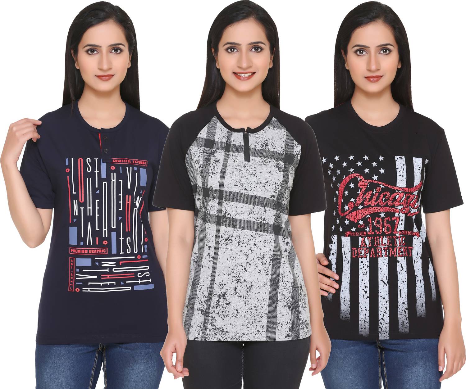 69GAL Printed Women Henley Neck Multicolor T-Shirt