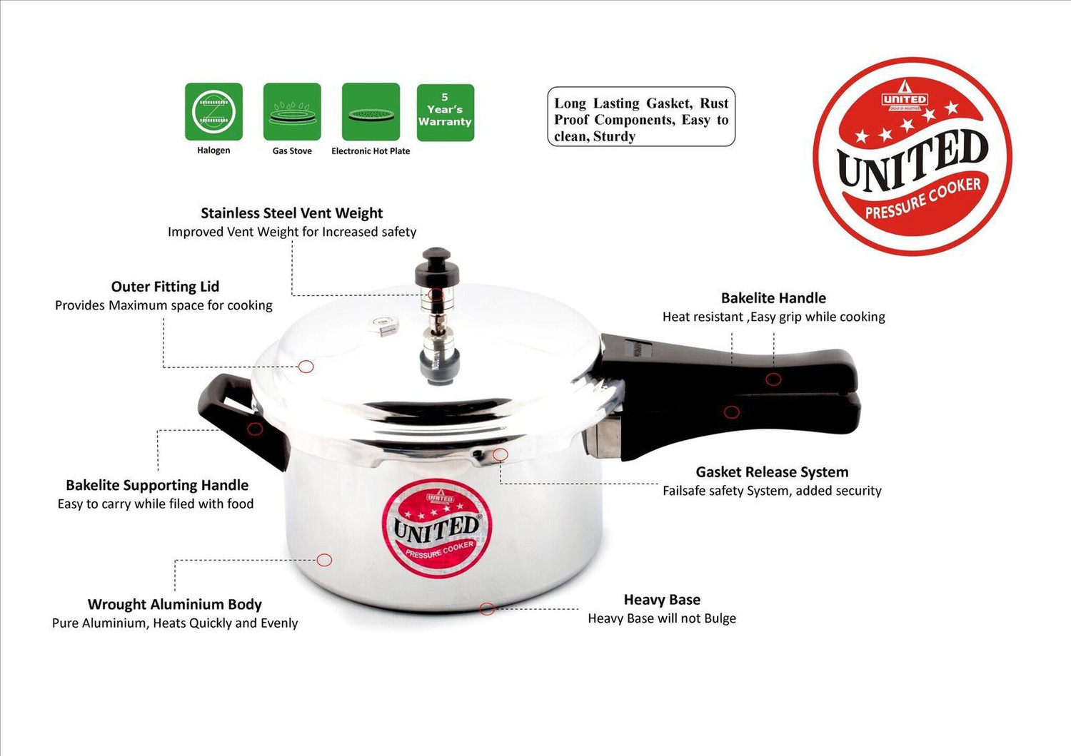 Image of United 5 L Outer Lid Pressure Cooker