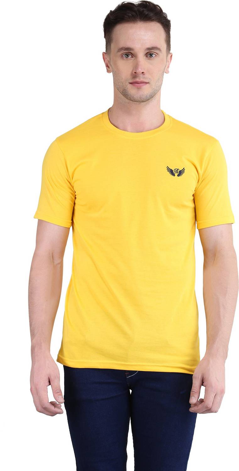 BRAVEZI Solid Men Round Neck Yellow T-Shirt