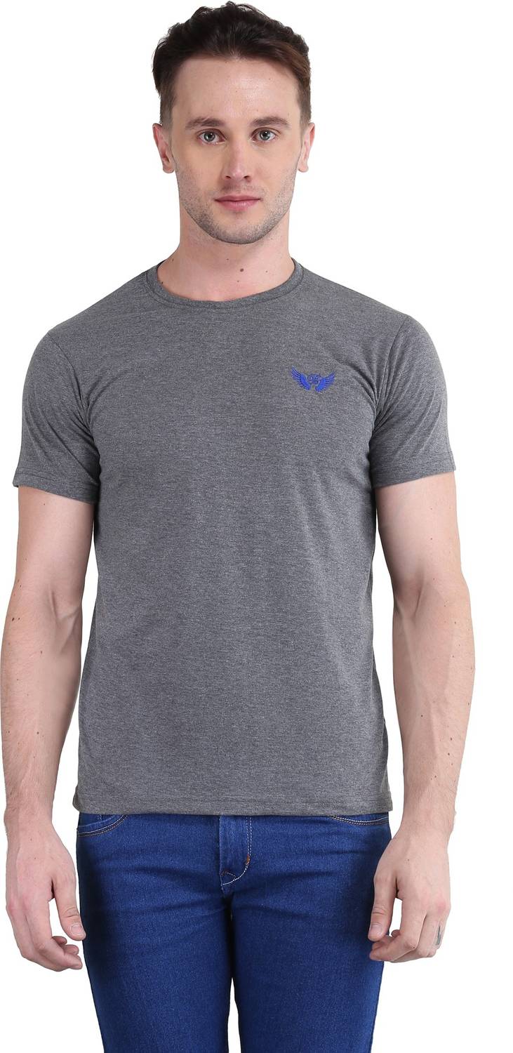 BRAVEZI Solid Men Round Neck Grey T-Shirt
