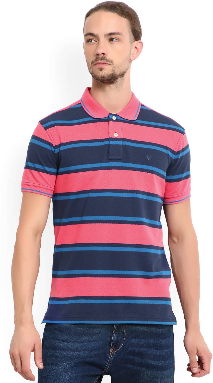 Allen Solly Striped Men Polo Neck Blue, Pink T-Shirt