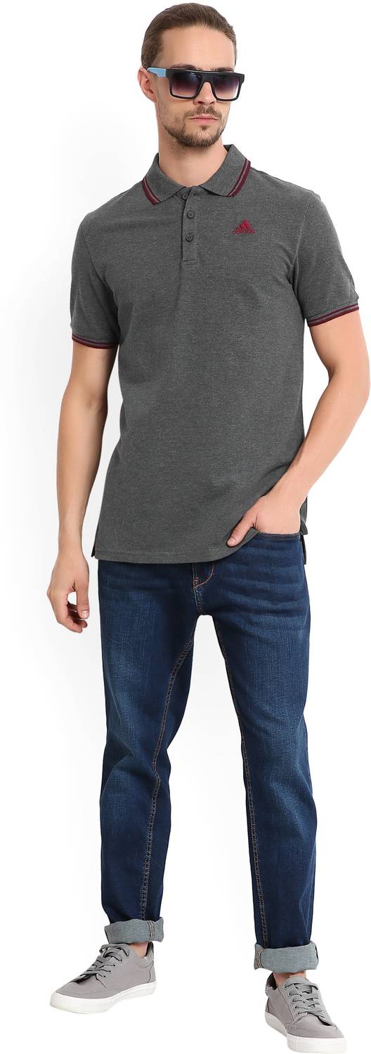 ADIDAS Solid Men Polo Neck Grey T-Shirt