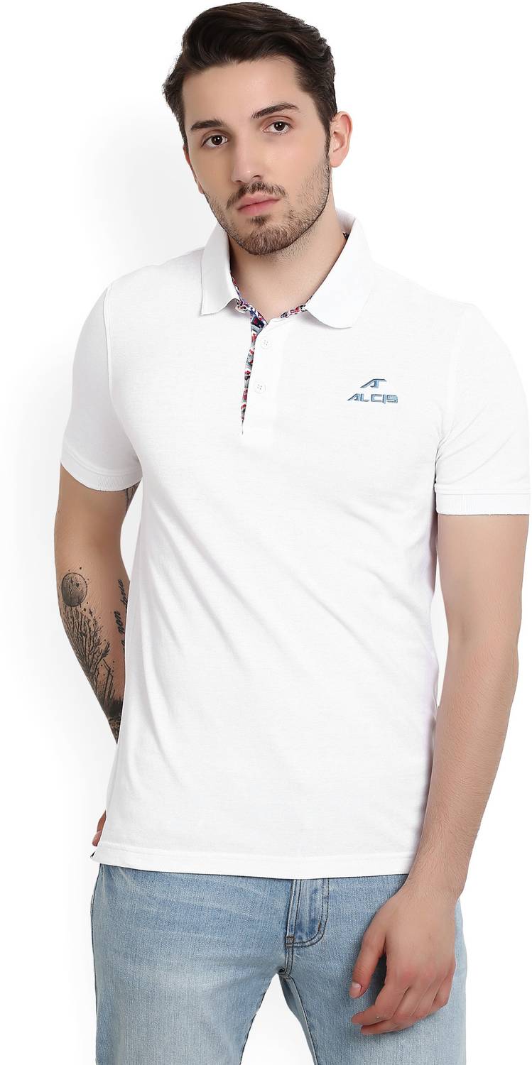 ALCIS Solid Men Polo Neck White T-Shirt