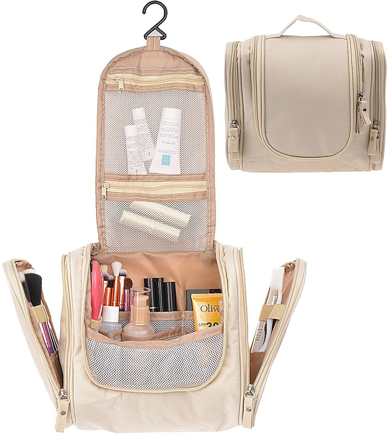 Image of HOUSE OF QUIRK Beige Cosmetic Makeup Bag Toiletry Kit Bathroom Organizer Storage Travel Toiletry Kit