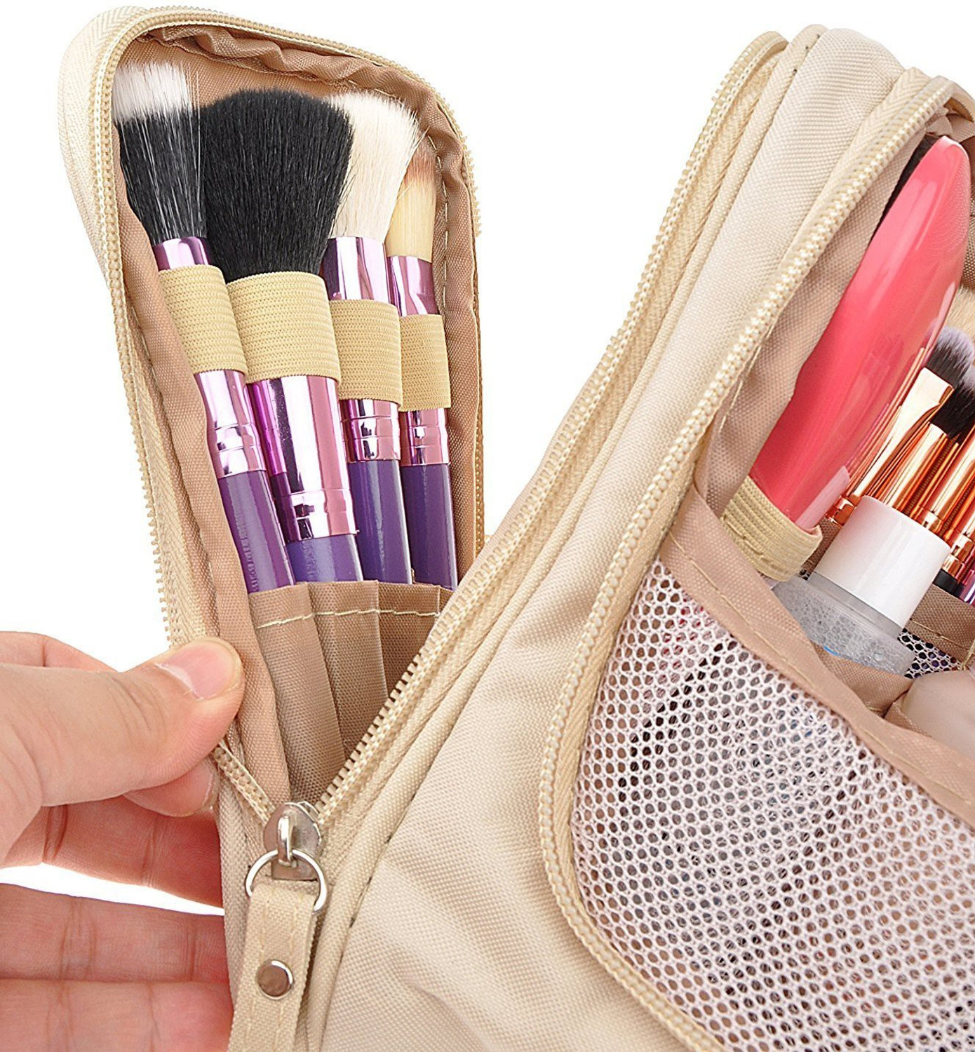 Image of HOUSE OF QUIRK Beige Cosmetic Makeup Bag Toiletry Kit Bathroom Organizer Storage Travel Toiletry Kit