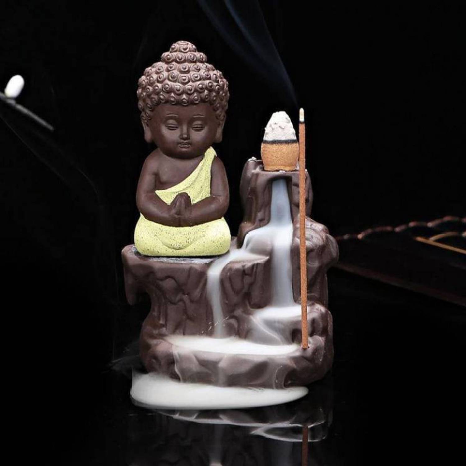 AapnoCrafts Maditating Monk Buddha Smoke Back flow Cone Incense Holder- With 10 Free Incence Cones Decorative Showpiece - 12 cm