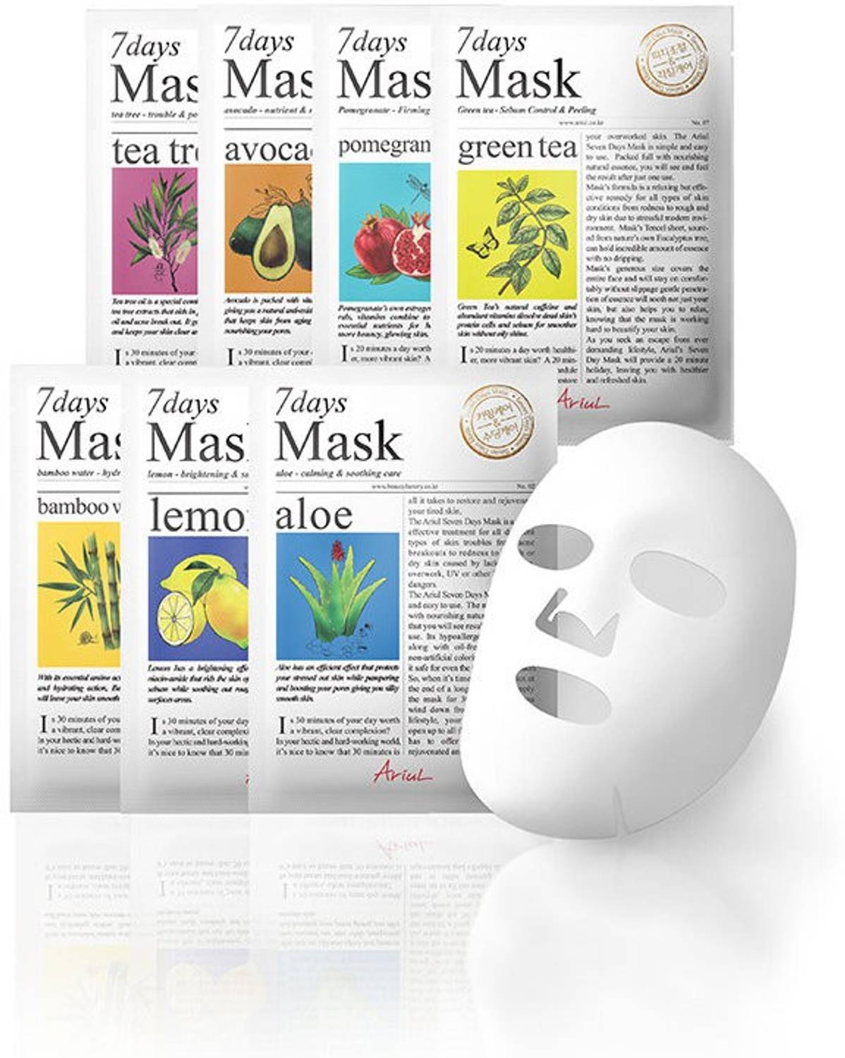 Ariul 7 Days Mask Set(7 Sheet Masks), Natural Premium Facial Face Mask, Green Tea, Tea Tree, Aloe, Avocado, Bamboo Water, Lemon, Pomegranate