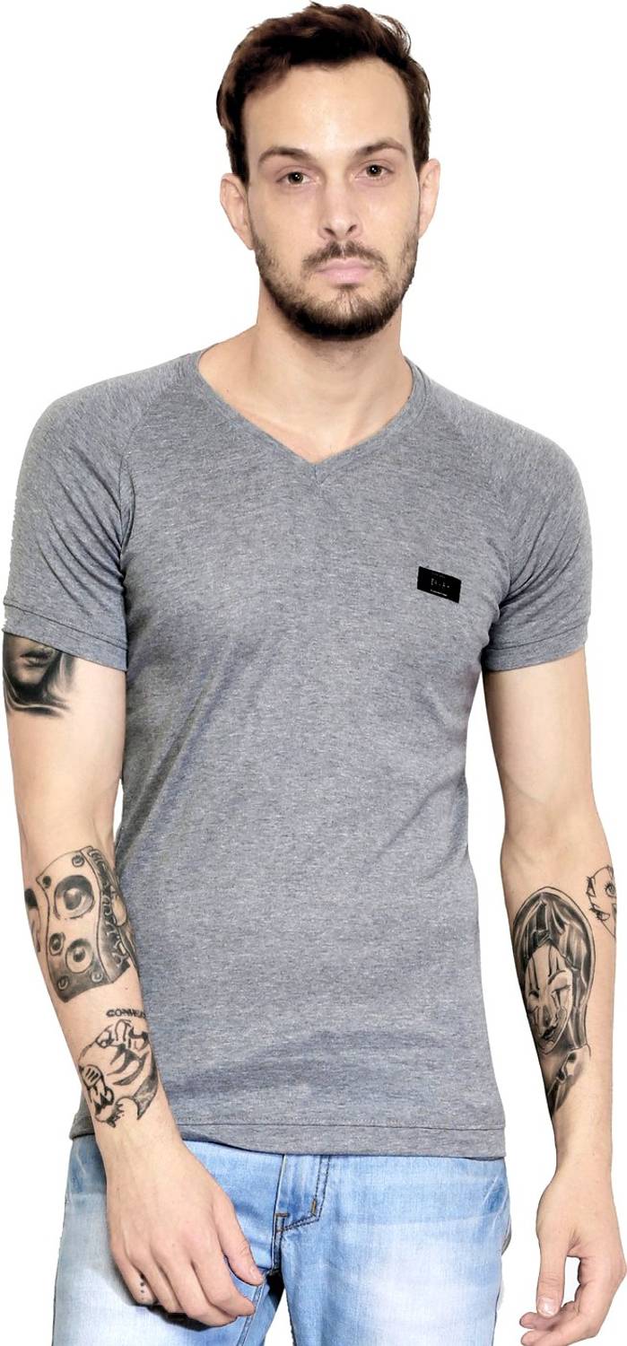 AD & AV Solid Men V Neck Silver T-Shirt
