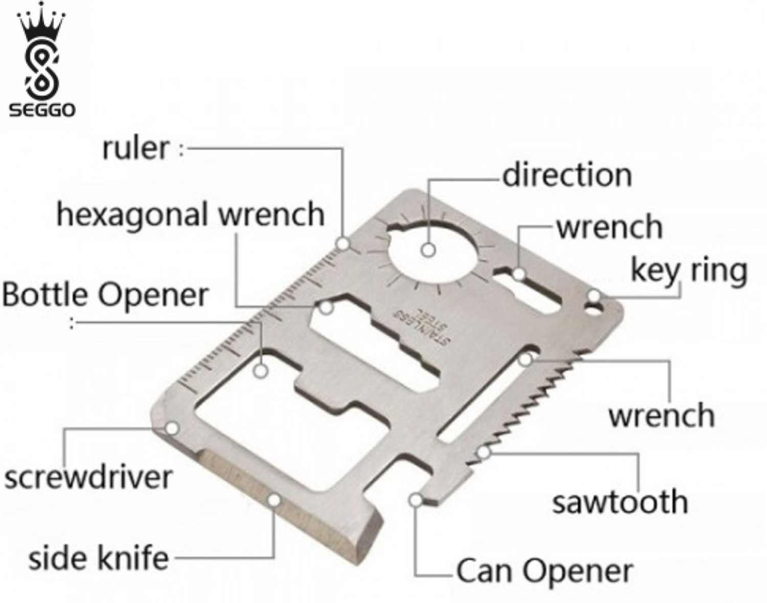 Image of SEGGO Multifunctional Multi Purpose Stainless Steel Pocket Survival 11 In 1 Swiss Army Card