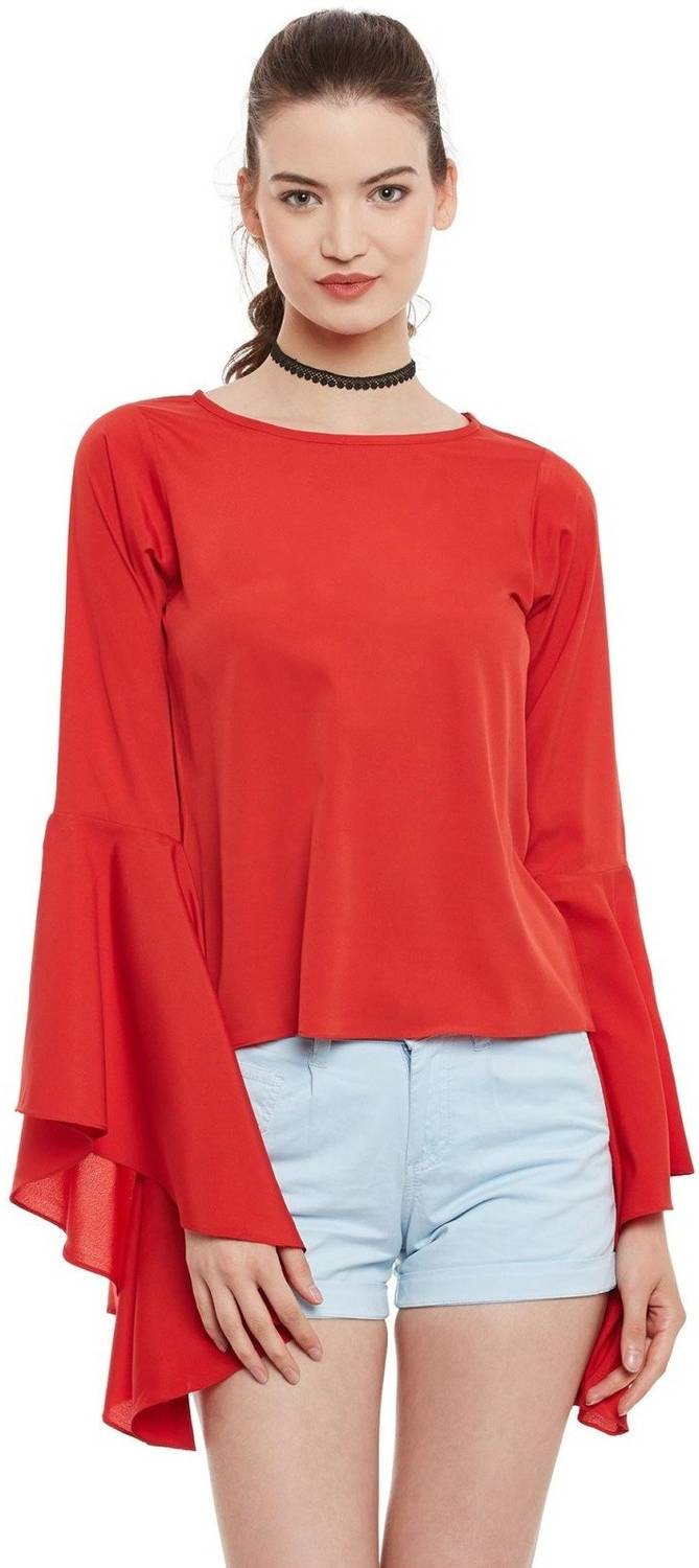 Beautylife Casual Bell Sleeve Solid Women Red Top