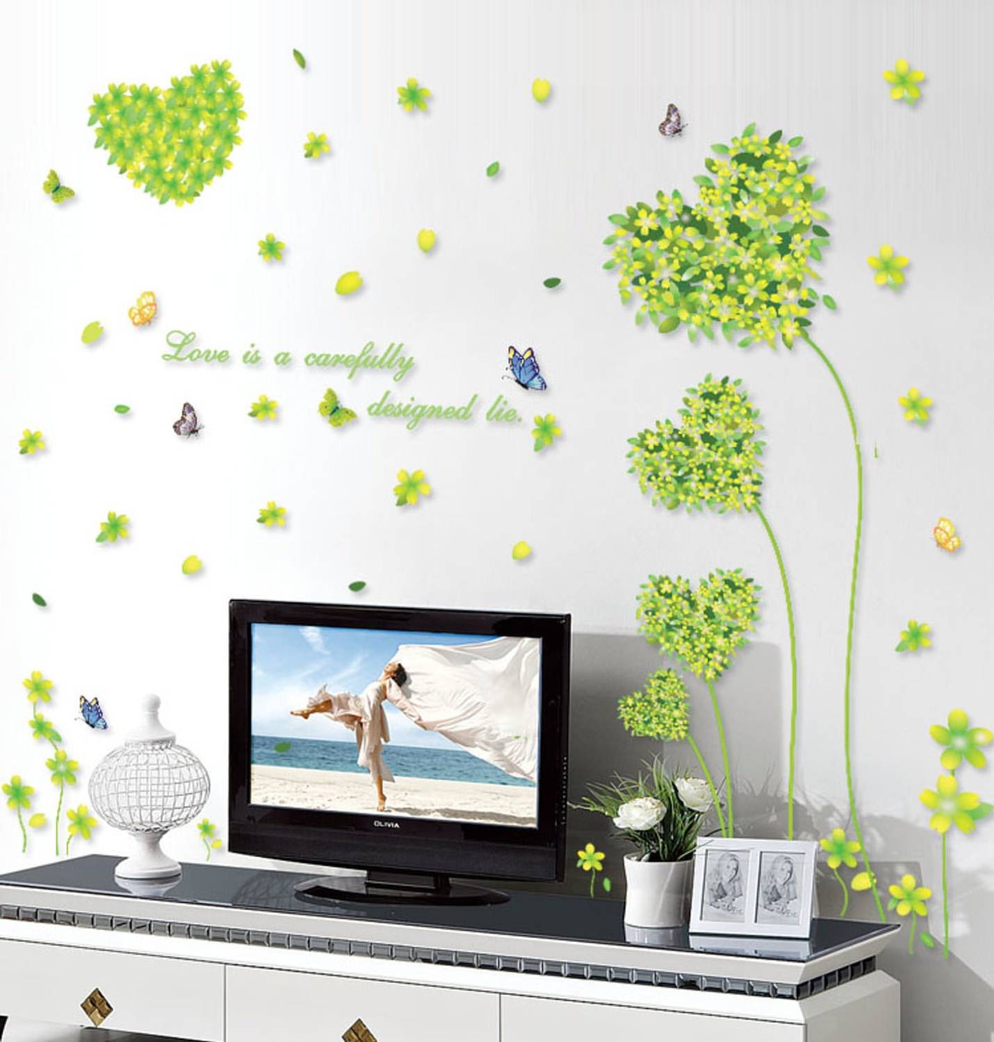 Aquire 104 cm Wall Sticker Living Room LED TV Background Heart Bunch of Flowers and Leafs Quote Self Adhesive Sticker