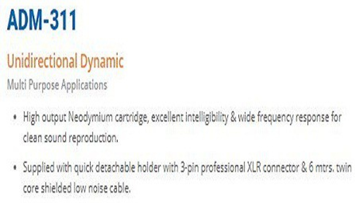 Image of Ahuja ADM 311 Silver Colored Wired Microphone With 6 meter XLR to mono mic wire and Clip