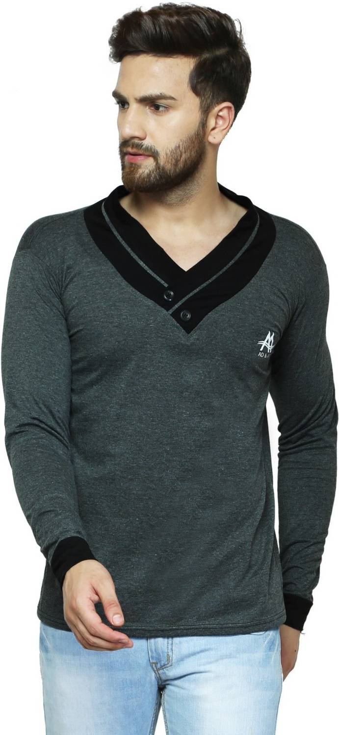 AD & AV Solid Men V Neck Grey T-Shirt