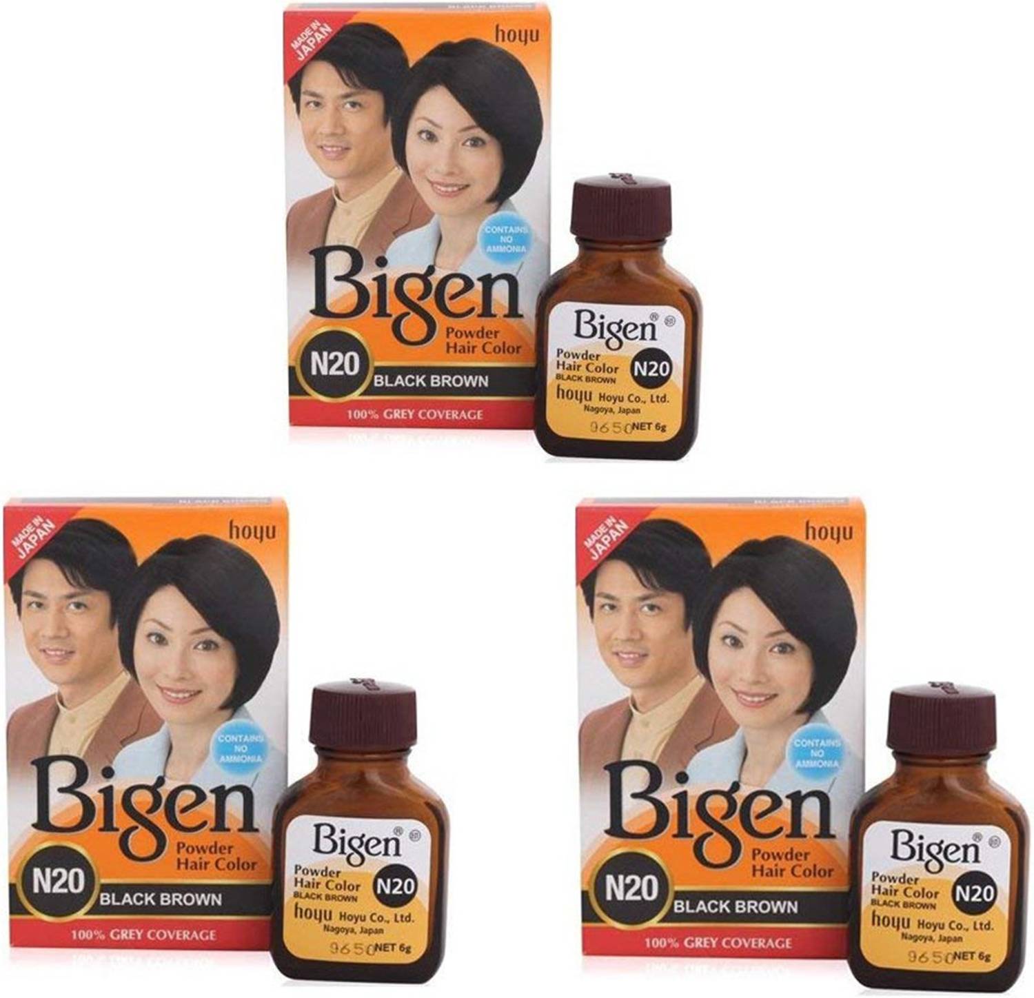 Bigen Long Lasting Powder Hair Colour For Men And Women - 6g Each - ( Combo Pack / Set Of 3 ) Ammonia Free Hair Color , BLACK BROWN - N20