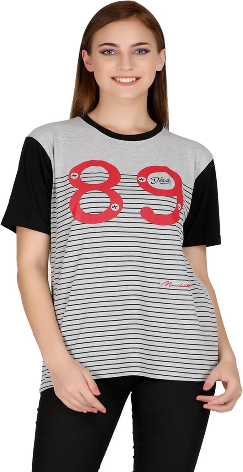 69GAL Striped, Typography Women Round Neck Black, Grey T-Shirt