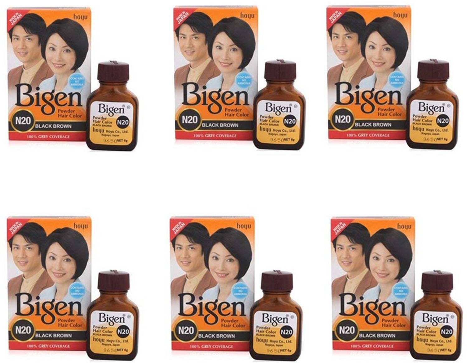 Bigen Long Lasting Powder Hair Colour For Men And Women - 6g Each - ( Combo Pack / Set Of 6 ) Ammonia Free Hair Color , BLACK BROWN - N20