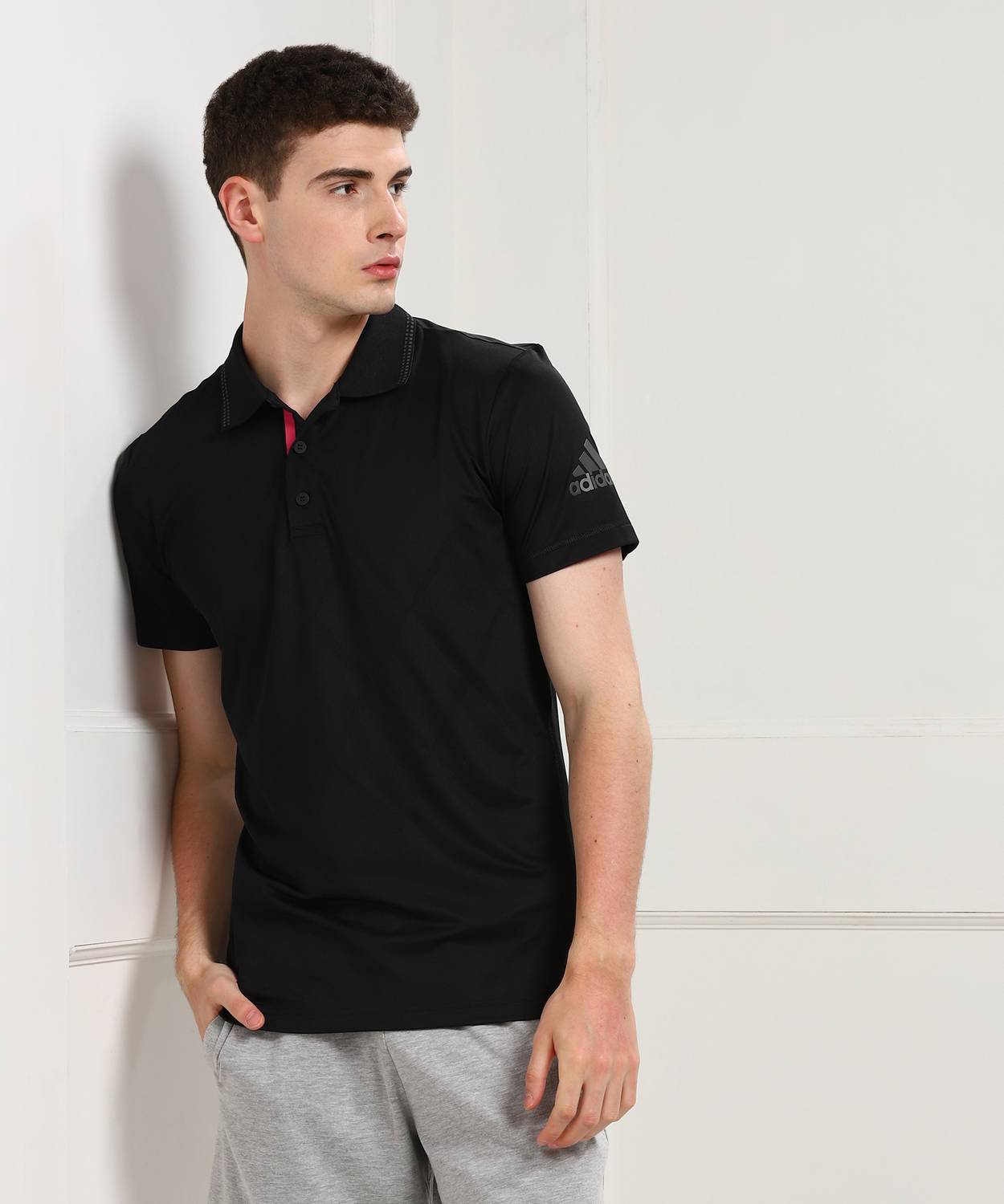 ADIDAS Solid Men Polo Neck Black T-Shirt