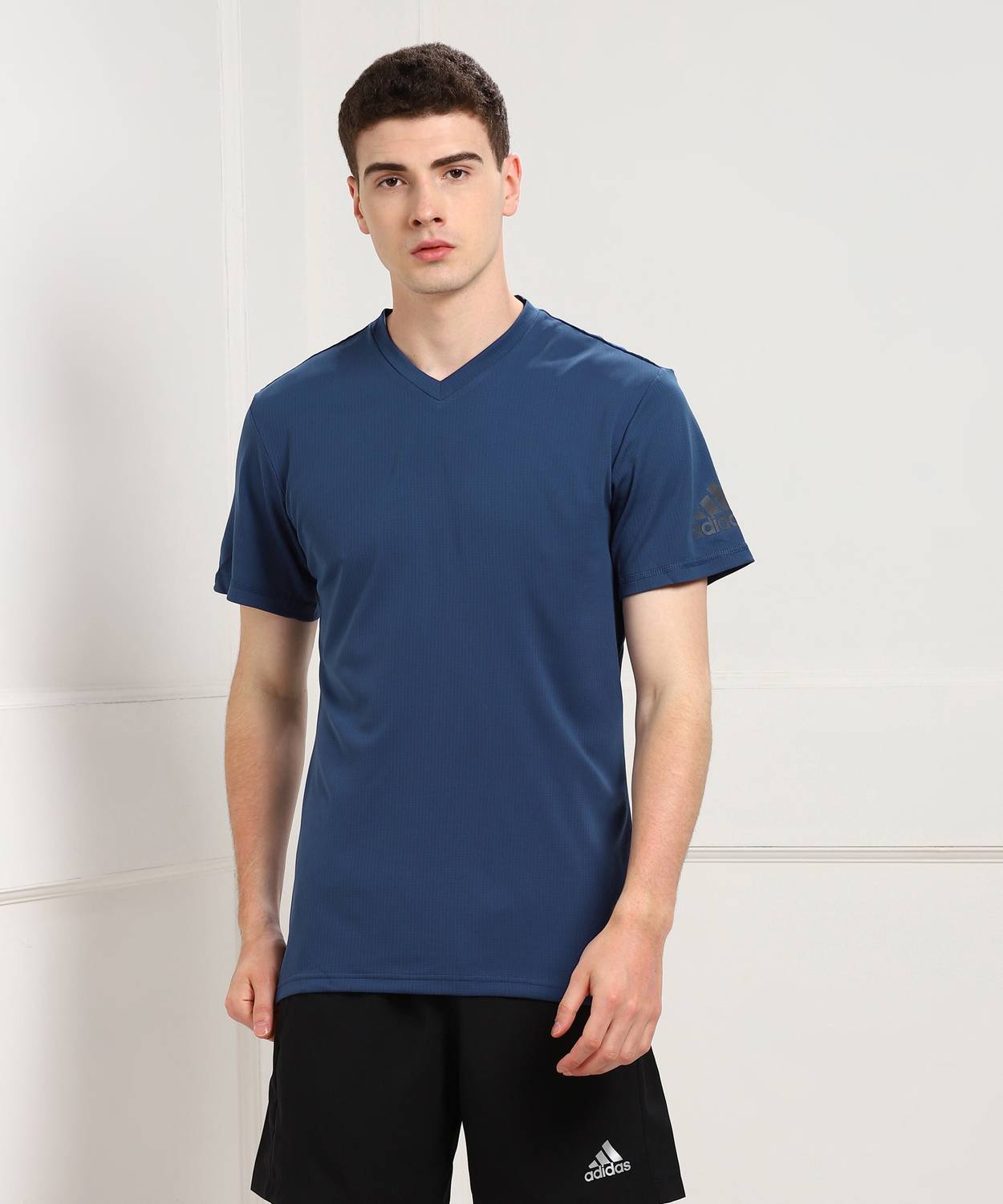ADIDAS Solid Men V Neck Dark Blue T-Shirt