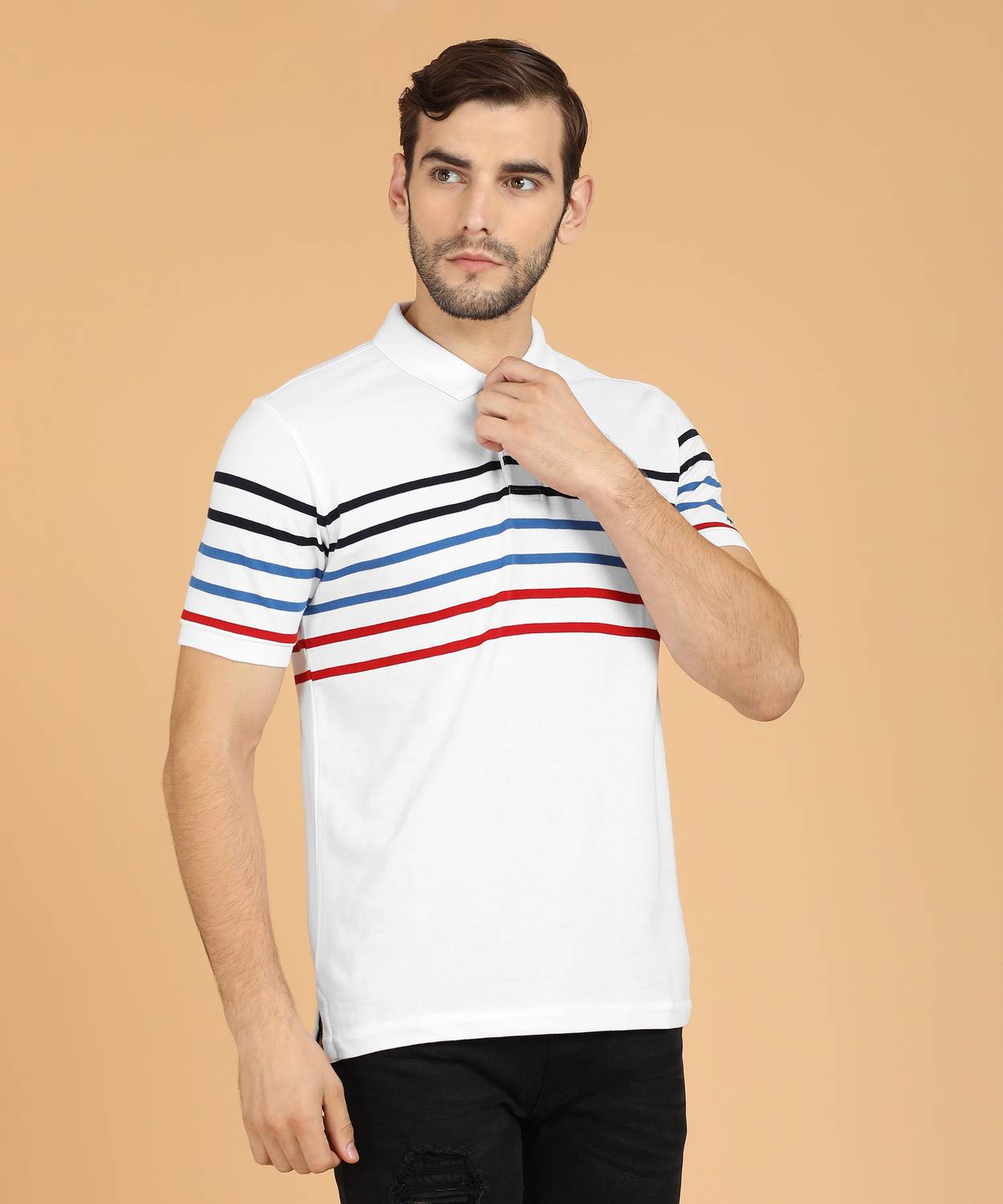 Arrow Sport Striped Men Polo Neck White T-Shirt