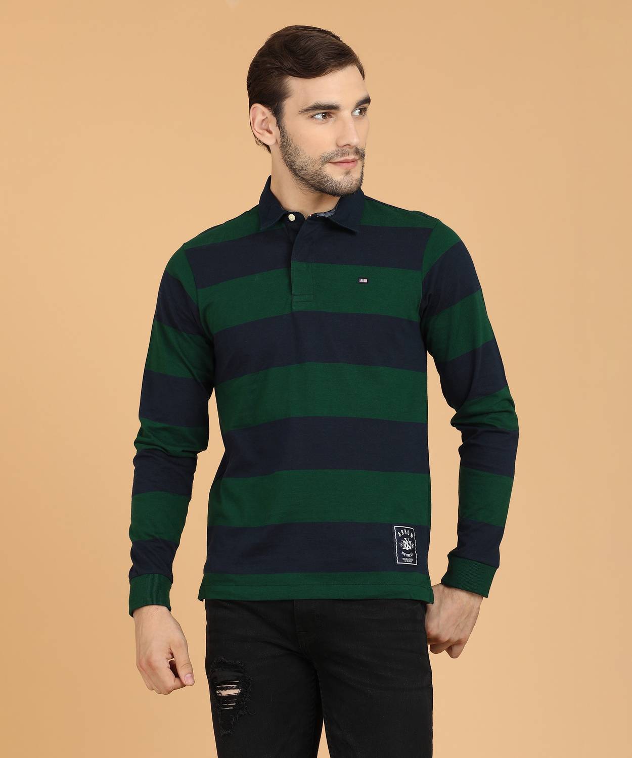 Arrow Sport Striped Men Polo Neck Green, Blue T-Shirt