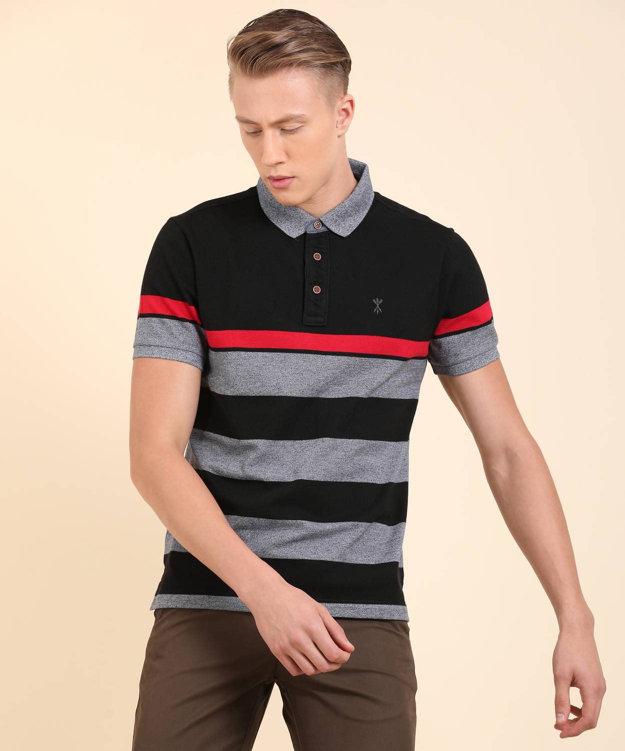 Arrow Blue Jean Company Striped Men Polo Neck Dark Blue, Red, Grey T-Shirt