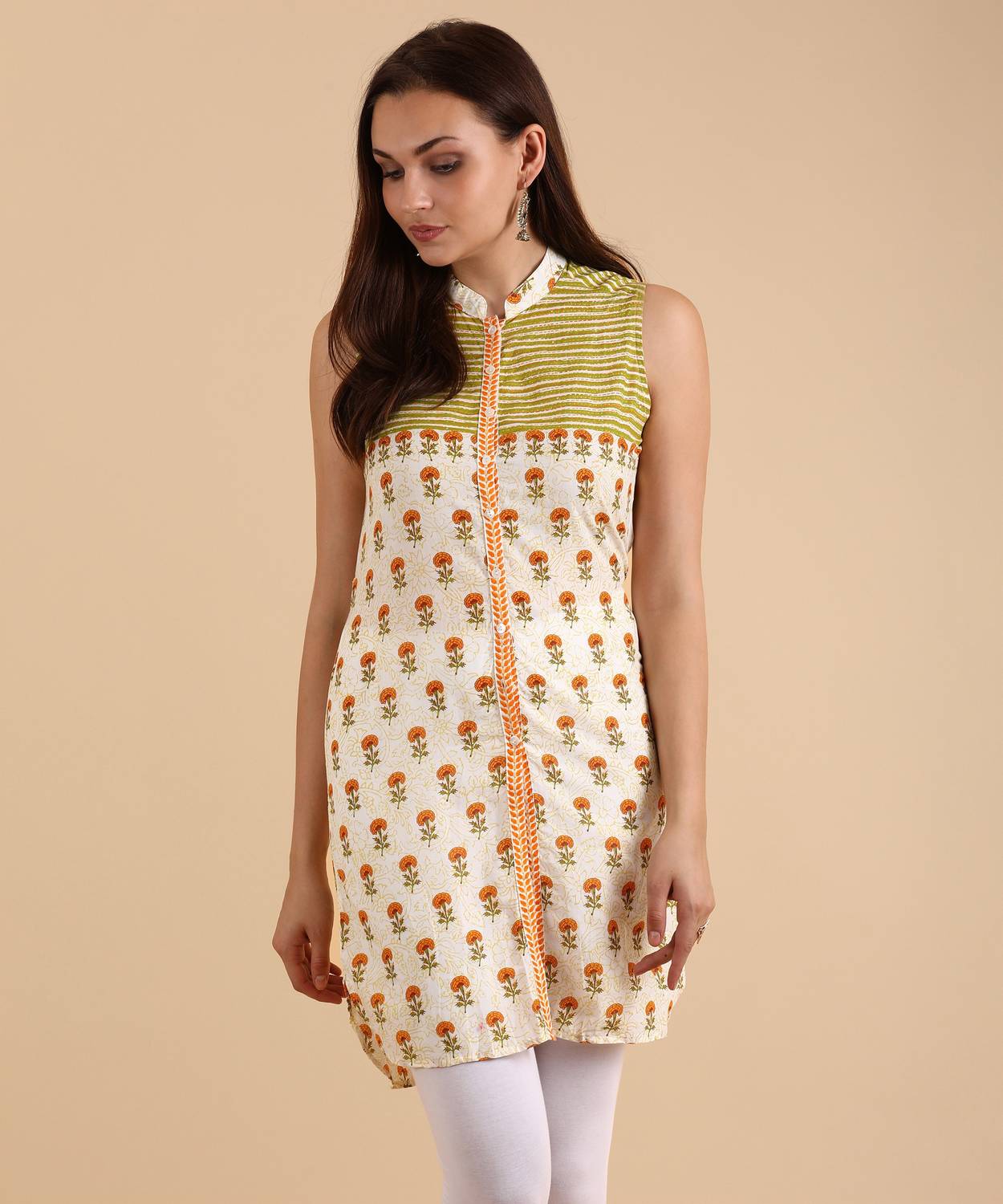 BIBA Casual Sleeveless Printed Women Green, Beige Top