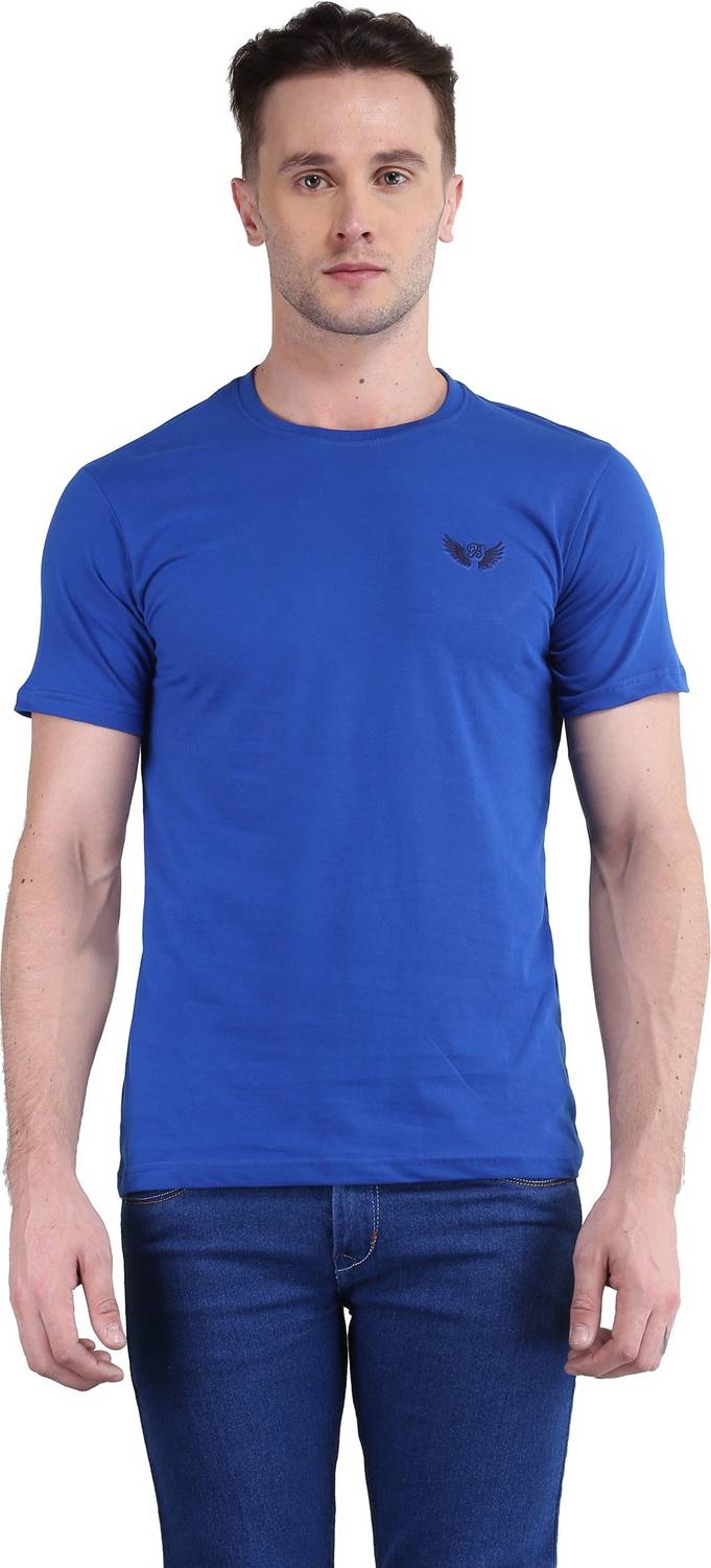 BRAVEZI Solid Men Round Neck Blue T-Shirt