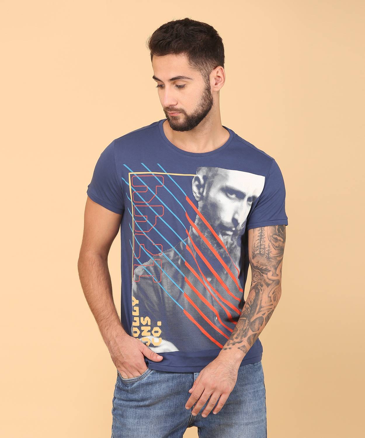 Allen Solly Printed Men Round Neck Blue T-Shirt