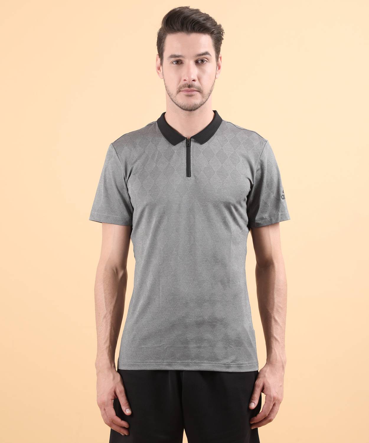 ADIDAS Geometric Print Men Polo Neck Grey T-Shirt
