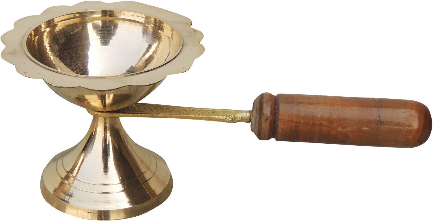 Brass Gift Center Brass Oil Lamp Deepak With Brass Finish & Wooden Handle Brass, Wood Table Diya