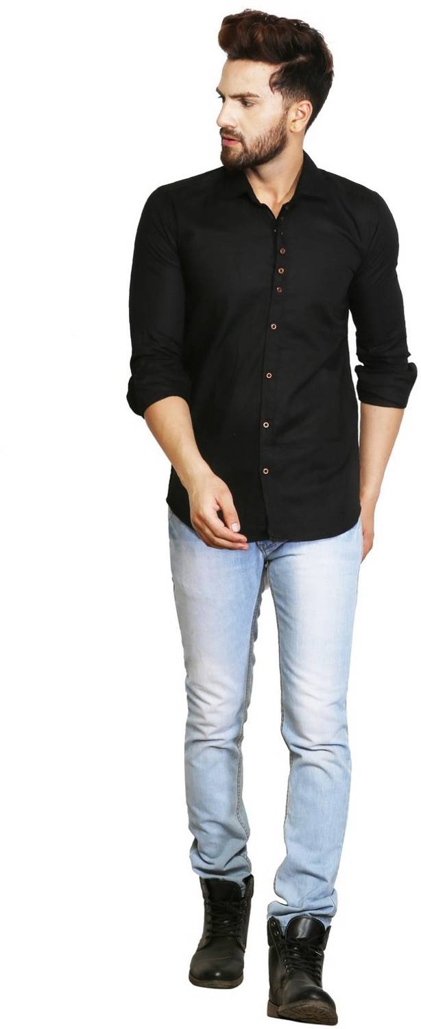 F2M Men Solid Casual Black Shirt