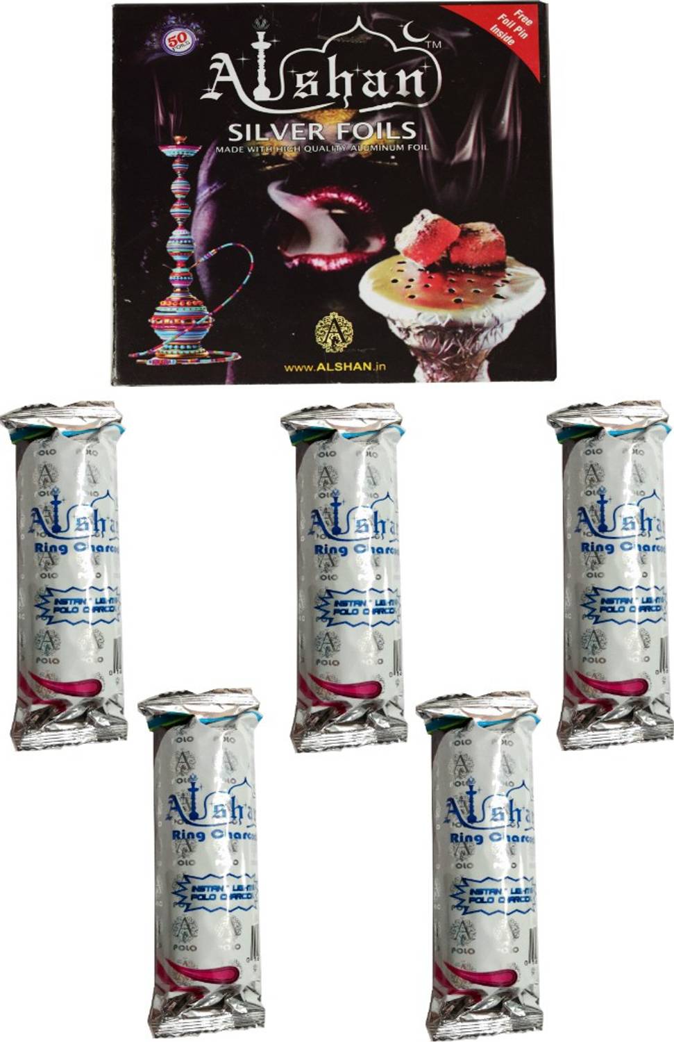 Alshan Foil (Pack of 50 Pcs.) + Premium Hookah Magic Coal Pack of 5 (50 Discs) Hookah Charcoals