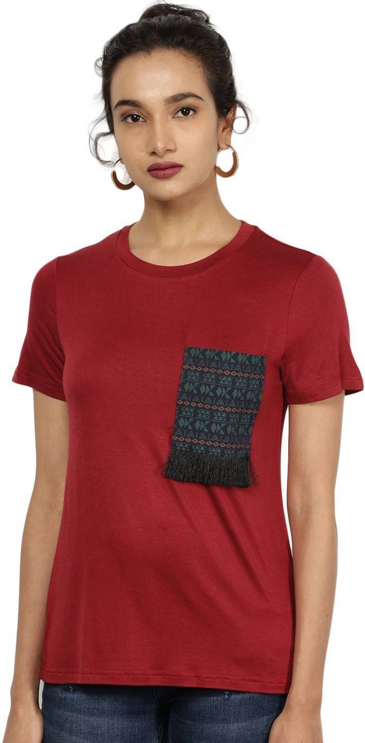all about you Solid Women Round Neck Red T-Shirt