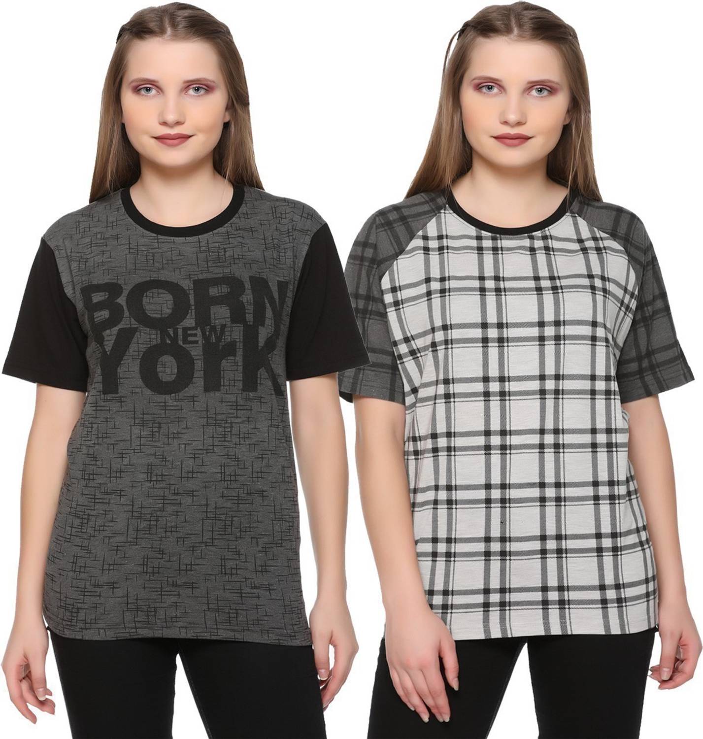 69GAL Checkered Women Round Neck Multicolor T-Shirt