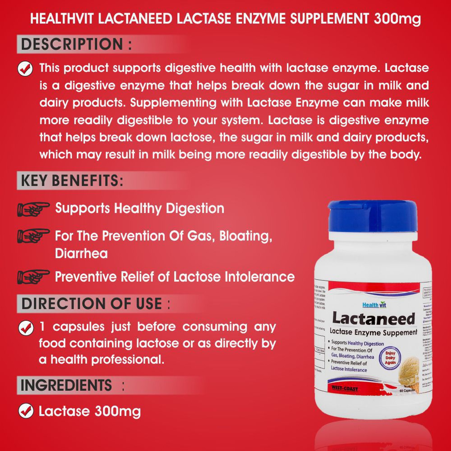 Image of HealthVit Lactaneed Lactase Enzyme Supplement 300mg 60 Capsules For Lactose Intolerance