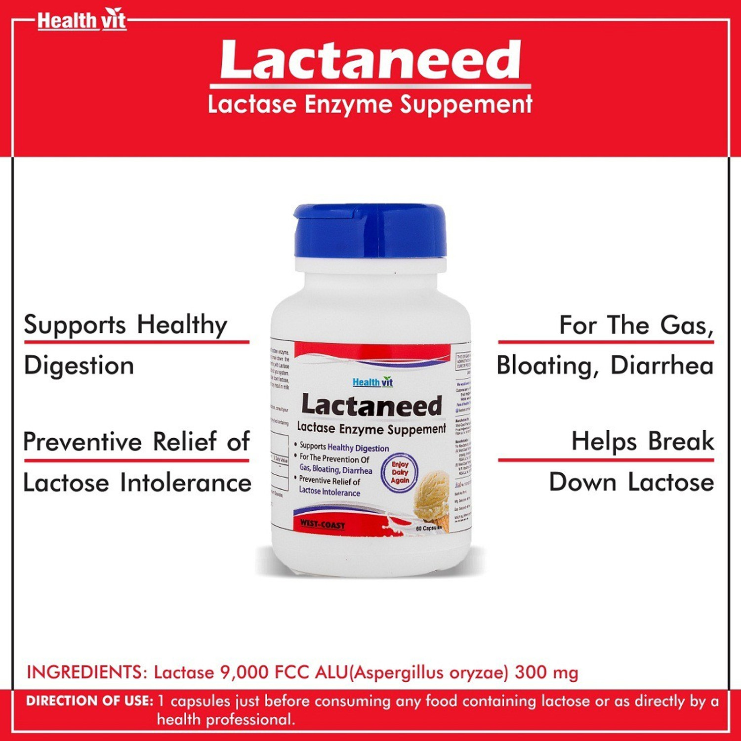 Image of HealthVit Lactaneed Lactase Enzyme Supplement 300mg 60 Capsules For Lactose Intolerance