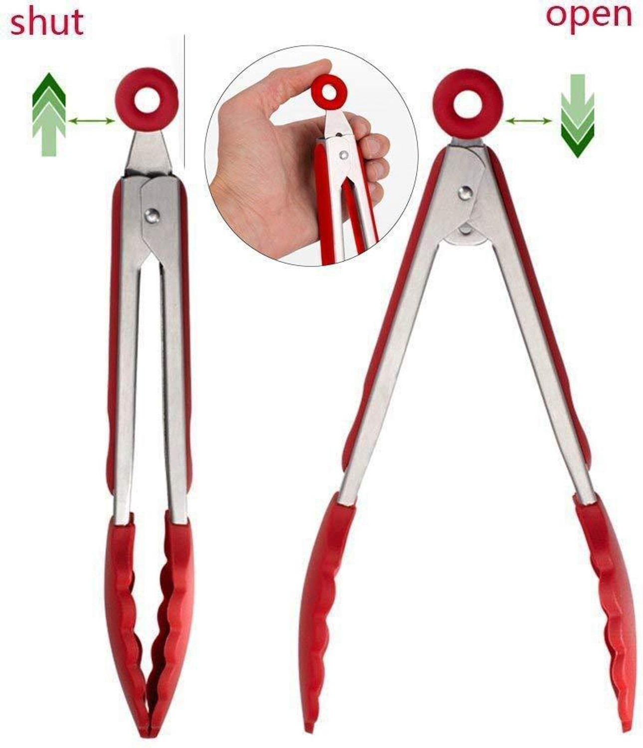 Image of P-PLUS INTERNATIONAL Tong 2 Kitchen Tongs, Stainless Steel Non-Stick Heavy Duty Cooking Tongs with Silicone Heads and Stands Design for Cooking,Salad,BBQ,Serving,Set of 9, 12 Inch Red 30 cm Salad, Pastry, Spaghetti, Biscuit Tong Set