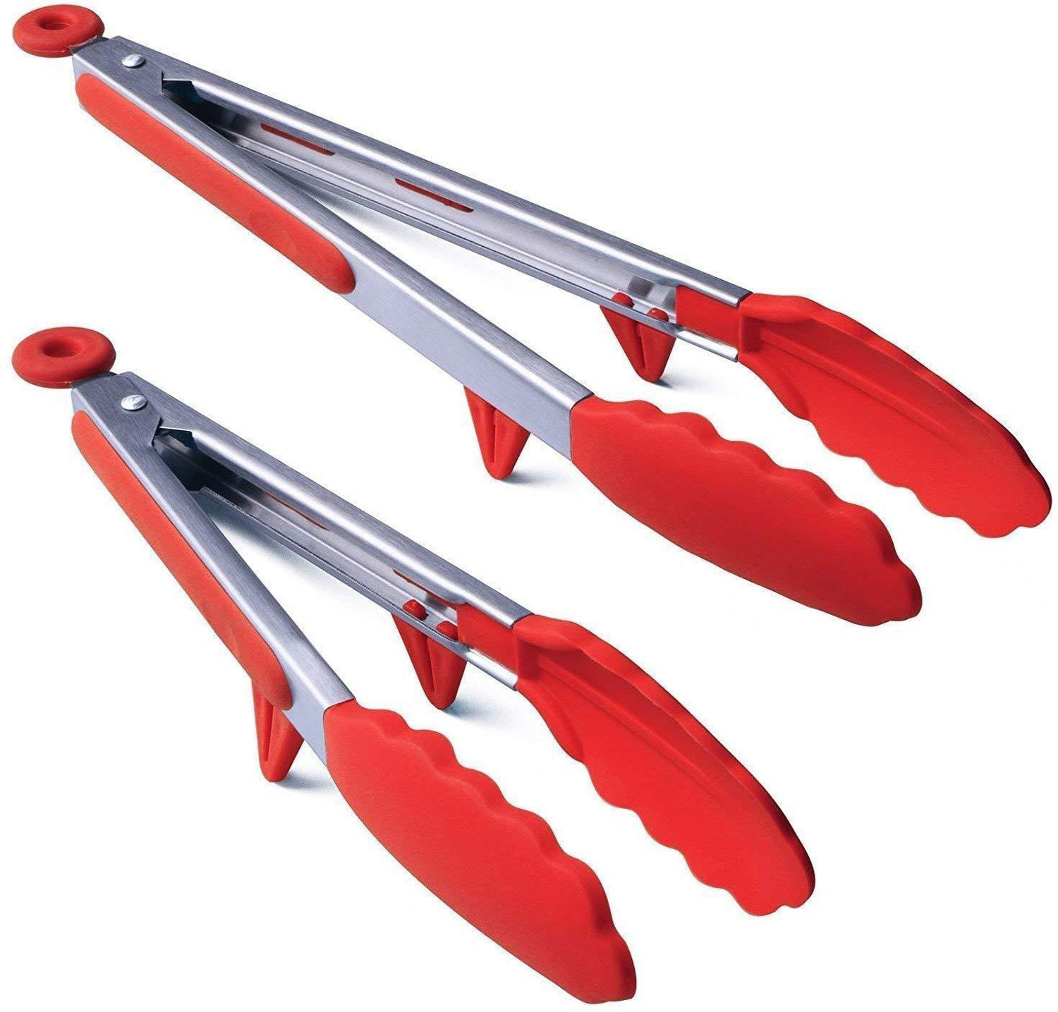 Image of P-PLUS INTERNATIONAL Tong 2 Kitchen Tongs, Stainless Steel Non-Stick Heavy Duty Cooking Tongs with Silicone Heads and Stands Design for Cooking,Salad,BBQ,Serving,Set of 9, 12 Inch Red 30 cm Salad, Pastry, Spaghetti, Biscuit Tong Set