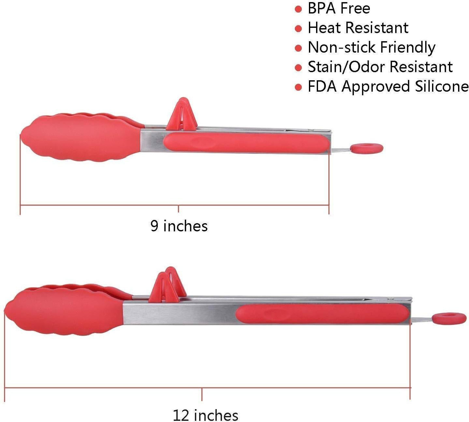 Image of P-PLUS INTERNATIONAL Tong 2 Kitchen Tongs, Stainless Steel Non-Stick Heavy Duty Cooking Tongs with Silicone Heads and Stands Design for Cooking,Salad,BBQ,Serving,Set of 9, 12 Inch Red 30 cm Salad, Pastry, Spaghetti, Biscuit Tong Set