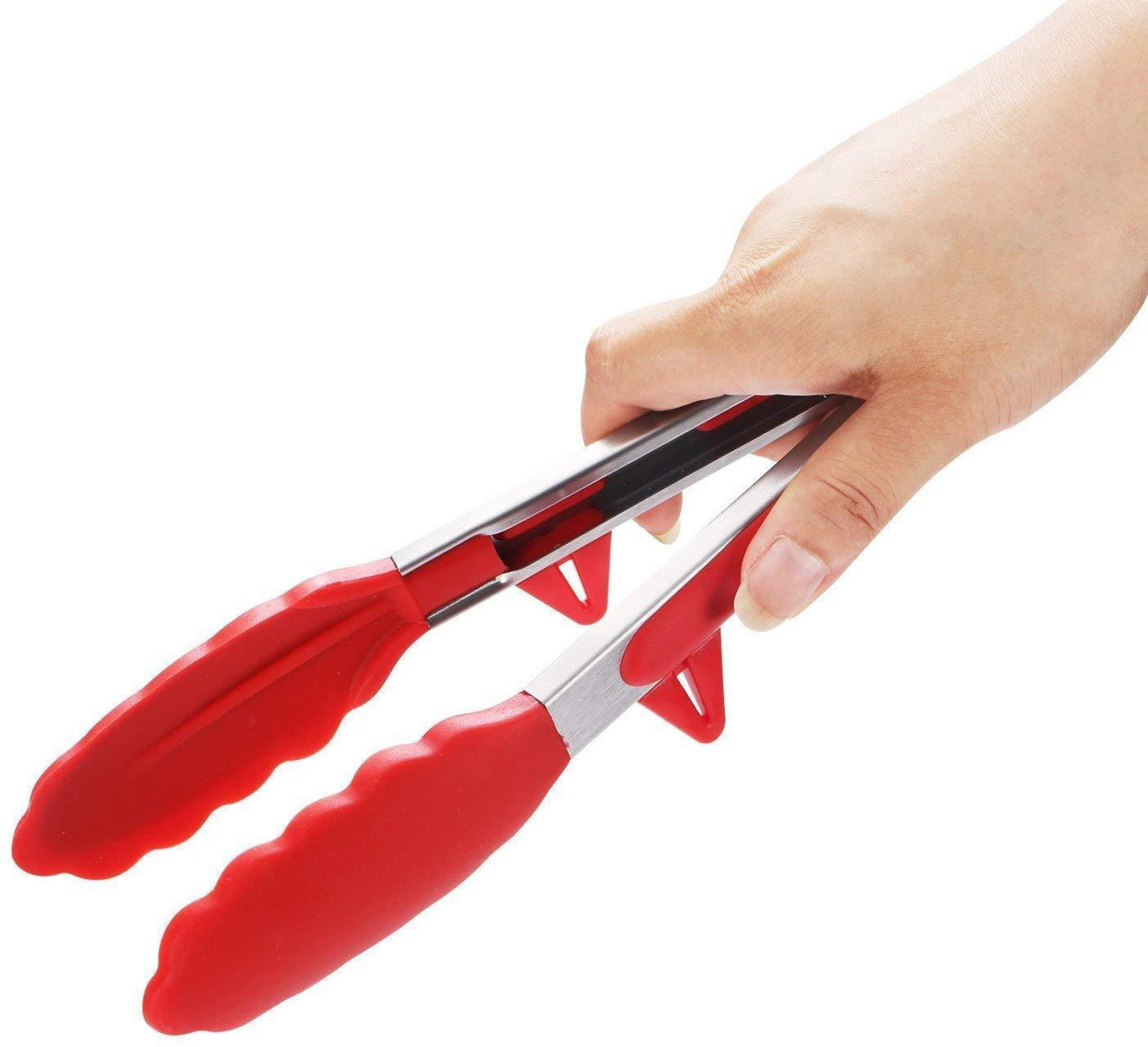 Image of P-PLUS INTERNATIONAL Tong 2 Kitchen Tongs, Stainless Steel Non-Stick Heavy Duty Cooking Tongs with Silicone Heads and Stands Design for Cooking,Salad,BBQ,Serving,Set of 9, 12 Inch Red 30 cm Salad, Pastry, Spaghetti, Biscuit Tong Set